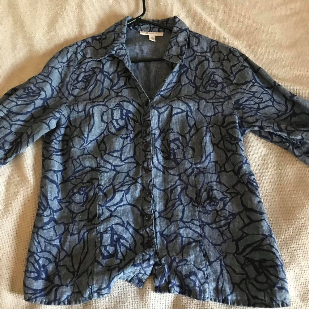 JM Collection Linen Shirt w/ Abstract Rose Pattern - Picture 2 of 3